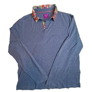 Simons Liberty Of London Men's Blue Long Sleeve Polo Shirt with Floral Collar XL